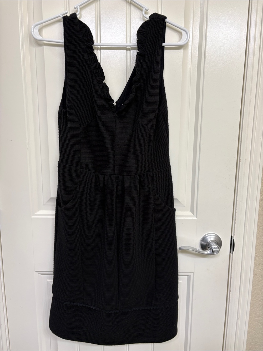 Maeve Anthropologie Black Ruffle-Trim Ottoman V-Neck Mini Dress LBD